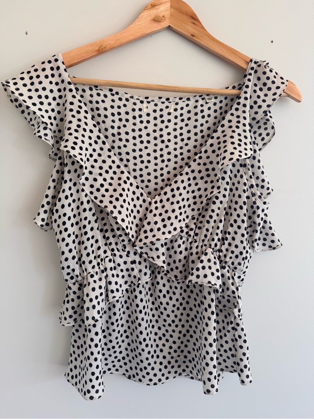 Polka Dot Ruffle V-Neck Blouse - Cream with Black Dots